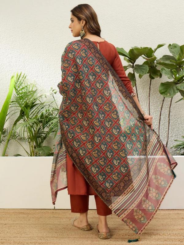 VP 9863 R Women's Rust Festive Flared Kurta Set with Traditional Print Dupatta